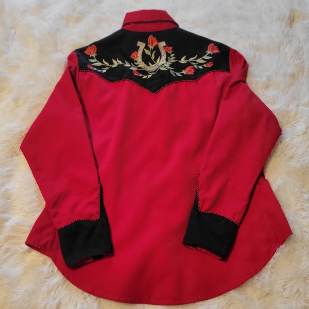Scully Shirt Red Western Snap on Smile Pockets Pearl Snap Rose Floral-M - Picture 9 of 12